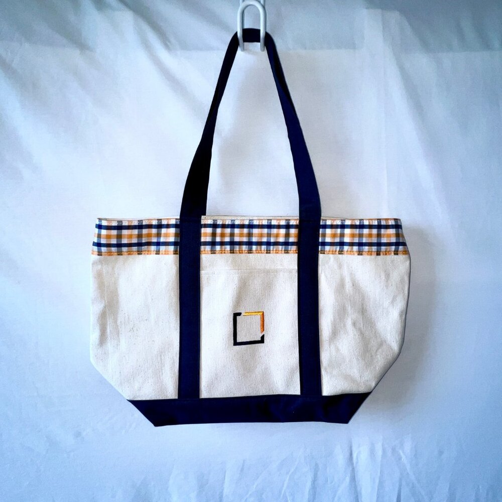 Canvas Boat Tote, Extra Large, Plaid, Cream and Navy, New without Tags